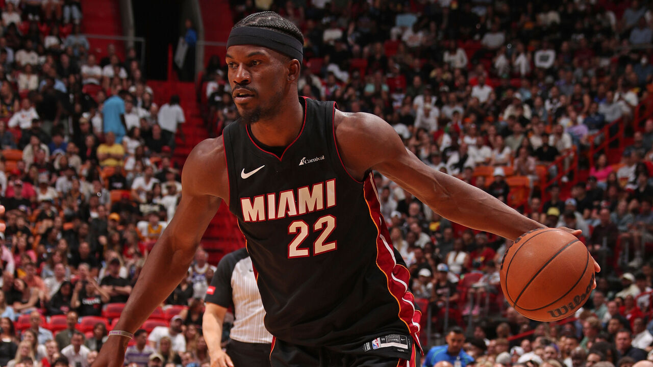 MIAMI, FL - MARCH 2: Jimmy Butler #22 of the Miami Heat handles the ball during the game against the Utah Jazz on March 2, 2024 at Kaseya Center in Miami, Florida. Mandatory Copyright Notice: Copyright 2024 NBAE