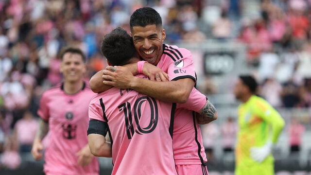 FORT LAUDERDALE, FLORIDA - MARCH 02: Luis Suarez #9 of Inter Miami CF celebrates with Lionel Messi #10 after scoring his second goal during the first half against the Orlando City SC at Chase Stadium on March 02, 2024 in Fort Lauderdale, Florida.