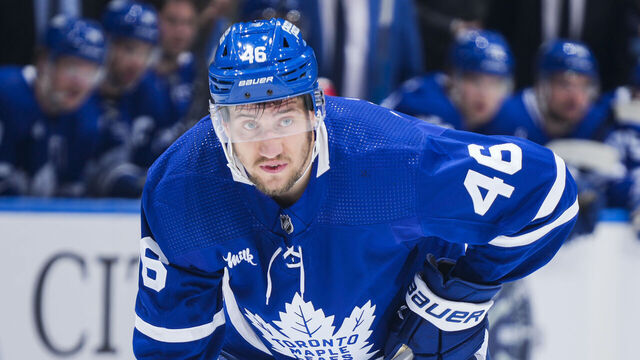 TORONTO, ON - MARCH 2: Ilya Lyubushkin #46 of the Toronto Maple Leafs looks on against the New York Rangers during the first period at Scotiabank Arena on March 2, 2024 in Toronto, Ontario, Canada.