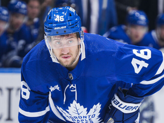 TORONTO, ON - MARCH 2: Ilya Lyubushkin #46 of the Toronto Maple Leafs looks on against the New York Rangers during the first period at Scotiabank Arena on March 2, 2024 in Toronto, Ontario, Canada.