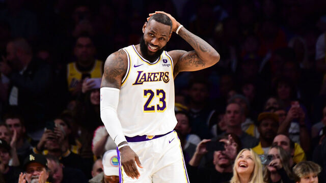 LOS ANGELES, CA - MARCH 2: LeBron James #23 of the Los Angeles Lakers celebrates after scoring his 40,000th point during the game against the Denver Nuggets on March 2, 2024 at Crypto.Com Arena in Los Angeles, California. NOTE TO USER: User expressly acknowledges and agrees that, by downloading and/or using this Photograph, user is consenting to the terms and conditions of the Getty Images License Agreement. Mandatory Copyright Notice: Copyright 2024 NBAE