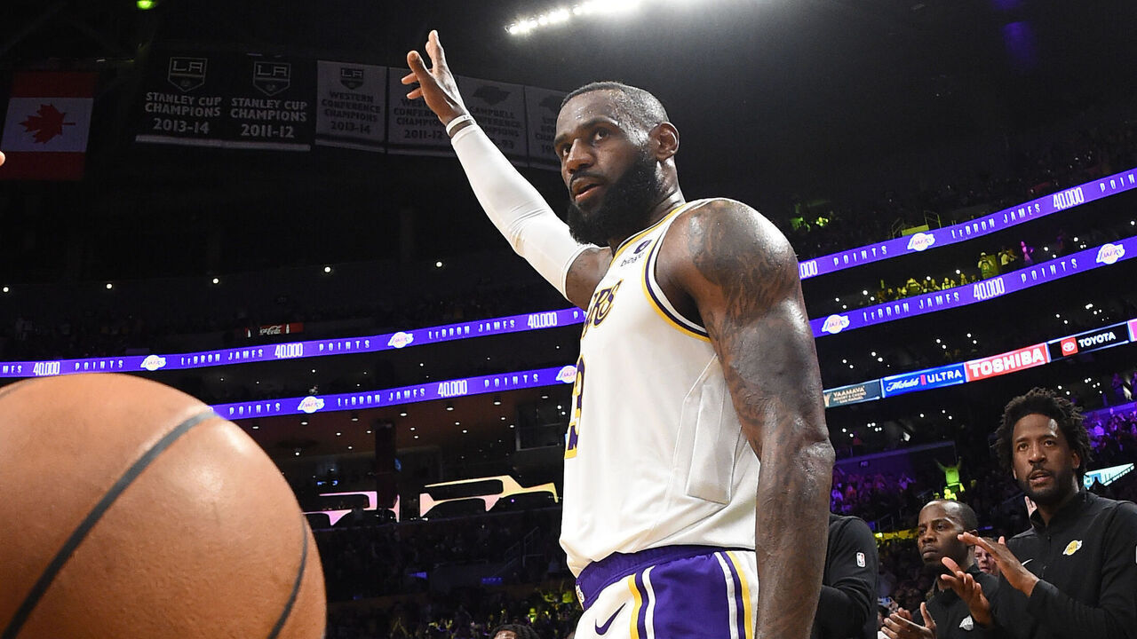 LOS ANGELES, CA - MARCH 2: LeBron James #23 of the Los Angeles Lakers is honored after scoring his 40,000th point during the game against the Denver Nuggets on March 2, 2024 at Crypto.Com Arena in Los Angeles, California. NOTE TO USER: User expressly acknowledges and agrees that, by downloading and/or using this Photograph, user is consenting to the terms and conditions of the Getty Images License Agreement. Mandatory Copyright Notice: Copyright 2024 NBAE