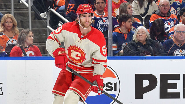 EDMONTON, CANADA - FEBRUARY 24: Noah Hanifin #55 of the Calgary Flames in action during the game against the Edmonton Oilers at Rogers Place on February 24, 2024, in Edmonton, Alberta, Canada.