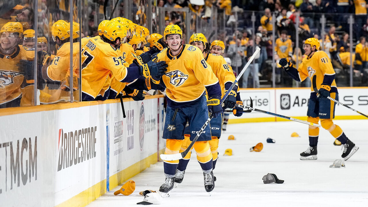 NASHVILLE, TENNESSEE - MARCH 2: Cody Glass #8 of the Nashville Predators celebrates his hat trick goal against the Colorado Avalanche during an NHL game at Bridgestone Arena on March 2, 2024 in Nashville, Tennessee.
