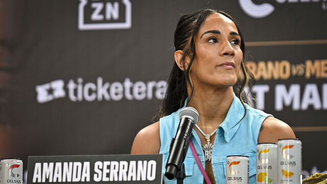 SAN JUAN, PUERTO RICO - JANUARY 18: Amanda Serrano speaks at the T-Mobile District During the press conference for the fight schedule on March 2 at the Puerto Rico Coliseum where the main fight will be Amanda Serrano VS Nina Meinke. Jake Paul will be the co-main event fight in San Juan , Puerto Rico on January 18,2024.