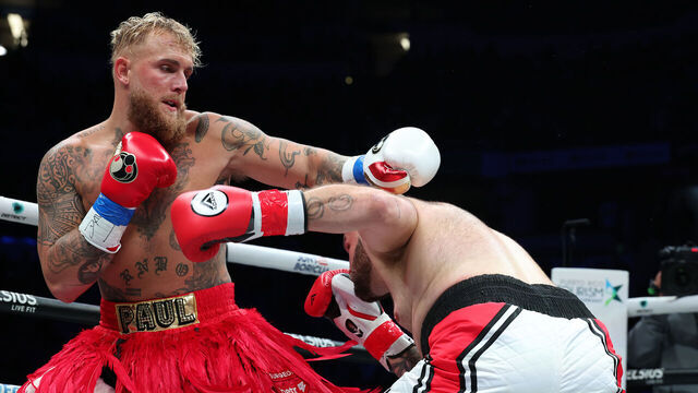 HATO REY, PUERTO RICO - MARCH 02: Jake Paul punches Ryan Bourland during their cruiserweight fight at Coliseo de Puerto Rico on March 02, 2024 in Hato Rey, Puerto Rico.