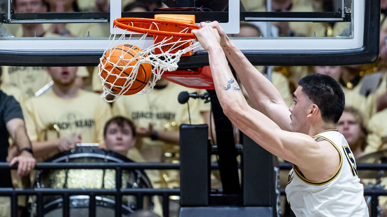 WEST LAFAYETTE, INDIANA - MARCH 2: Zach Edey #15 of the Purdue Boilermakers dunks the ball during the first half against the Michigan State Spartans at Mackey Arena on March 2, 2024 in West Lafayette, Indiana.