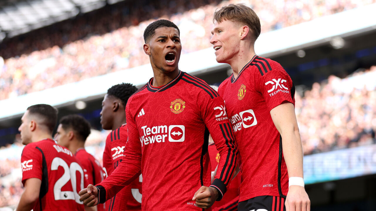 MANCHESTER, ENGLAND - MARCH 03: Marcus Rashford of Manchester United celebrates with Scott McTominay of Manchester United after scoring his team's first goal during the Premier League match between Manchester City and Manchester United at Etihad Stadium on March 03, 2024 in Manchester, England.