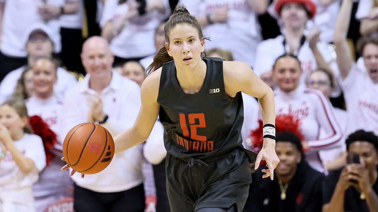 BLOOMINGTON, INDIANA - FEBRUARY 22: Yarden Garzon #12 of the Indiana Hoosiers dribbles the ball in the second half against the Iowa Hawkeyes at Simon Skjodt Assembly Hall on February 22, 2024 in Bloomington, Indiana.