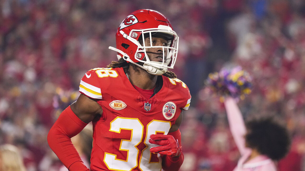KANSAS CITY, MO - OCTOBER 12: L'Jarius Sneed #38 of the Kansas City Chiefs runs out of the tunnel prior to an NFL football game against the Denver Broncos at GEHA Field at Arrowhead Stadium on October 12, 2023 in Kansas City, Missouri.