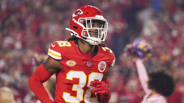 KANSAS CITY, MO - OCTOBER 12: L'Jarius Sneed #38 of the Kansas City Chiefs runs out of the tunnel prior to an NFL football game against the Denver Broncos at GEHA Field at Arrowhead Stadium on October 12, 2023 in Kansas City, Missouri.