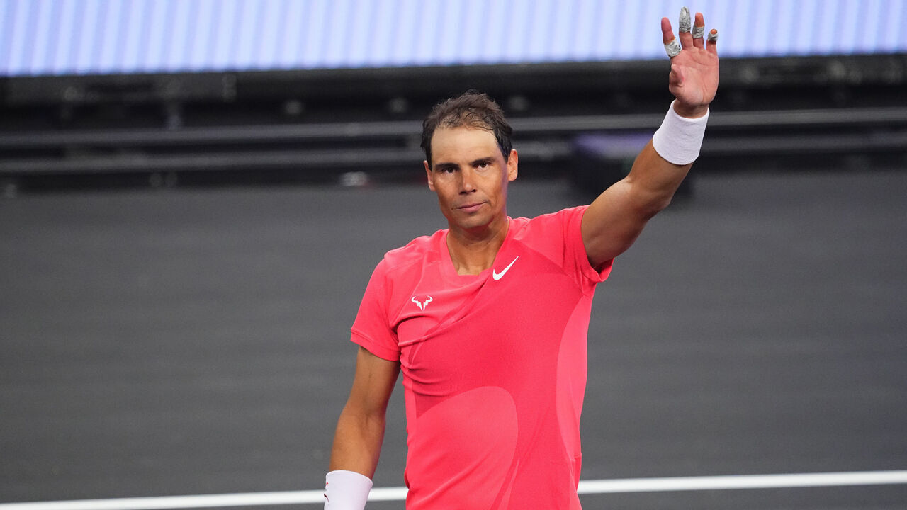 LAS VEGAS, NEVADA - MARCH 03: Rafael Nadal in action during The Netflix Slam at Michelob ULTRA Arena on March 03, 2024 in Las Vegas, Nevada.
