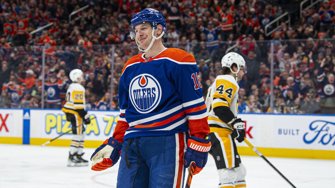 EDMONTON, ALBERTA - MARCH 03: Zach Hyman #18 of the Edmonton Oilers celebrates his goal during the second period against the Pittsburgh Penguins at Rogers Place on March 03, 2024 in Edmonton, Alberta, Canada.
