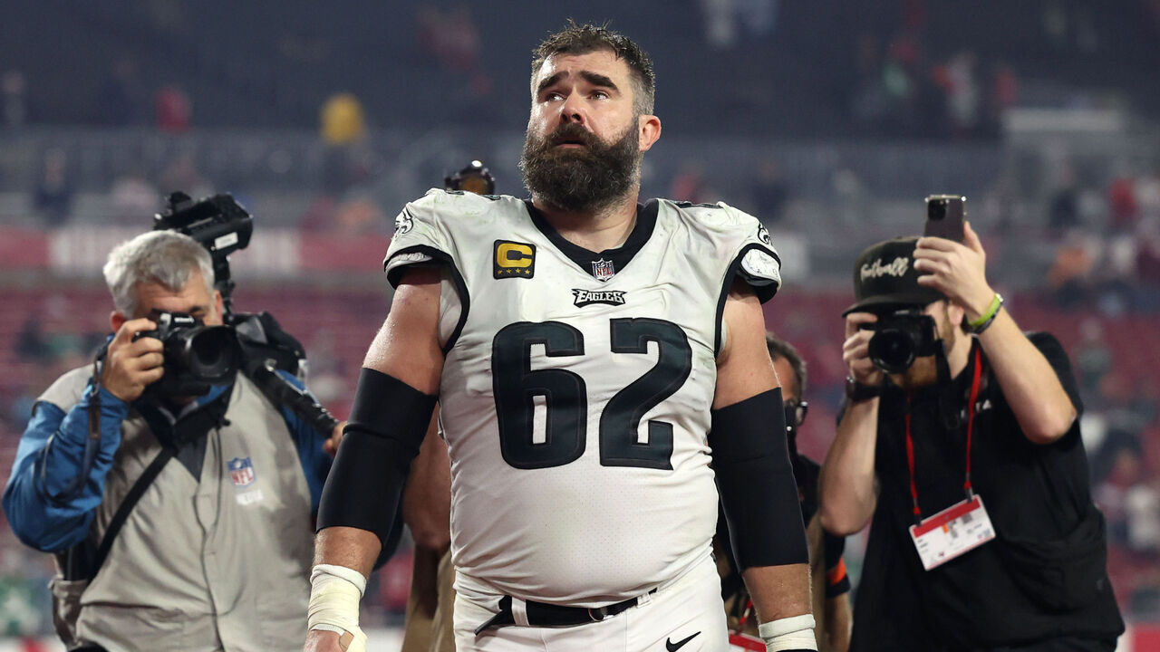 TAMPA, FL - January 15: Jason Kelce #62 of the Philadelphia Eagles walks off the field after a loss in the NFC Wild Card playoff game against the Tampa Bay Buccaneers at Raymond James Stadium on January 15, 2024 in Tampa, Florida.