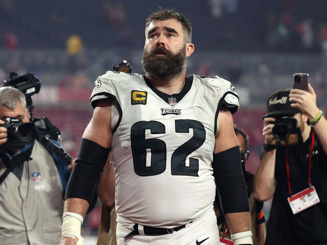 TAMPA, FL - January 15: Jason Kelce #62 of the Philadelphia Eagles walks off the field after a loss in the NFC Wild Card playoff game against the Tampa Bay Buccaneers at Raymond James Stadium on January 15, 2024 in Tampa, Florida.