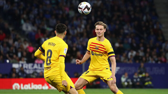 Frenkie De Jong and Pedri during the match between RCD Espanyol and FC Barcelona, corresponding to the week 34 of the Liga Santander, played at the RCDE Stadium, in Barcelona, on 14th May 2023.