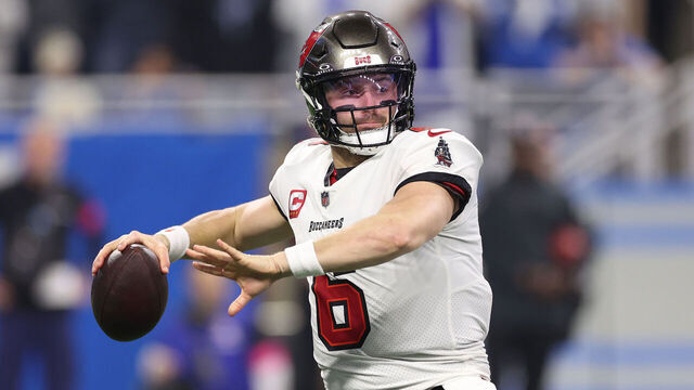 DETROIT, MICHIGAN - JANUARY 21: Baker Mayfield #6 of the Tampa Bay Buccaneers plays against the Detroit Lions during a NFC Divisional Playoff game at Ford Field on January 21, 2024 in Detroit, Michigan.