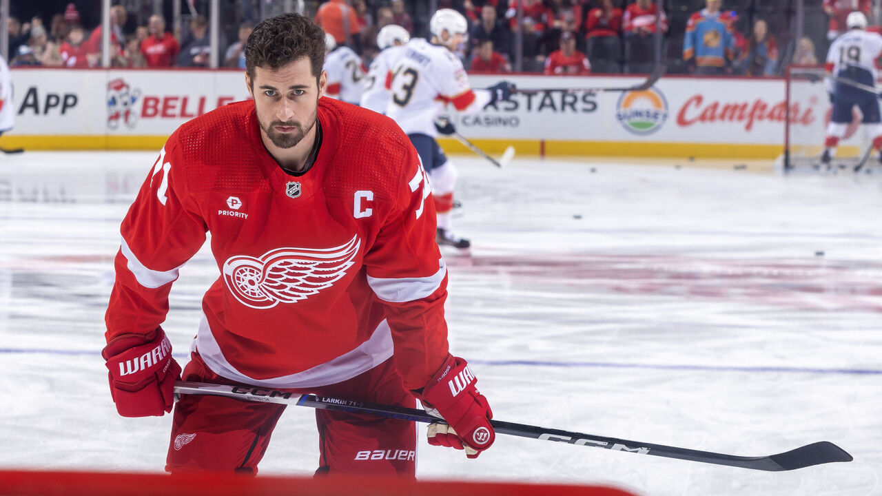 DETROIT, MI - MARCH 02: Dylan Larkin #71 of the Detroit Red Wings pauses in front of the net in warm ups before the game against the Florida Panthers at Little Caesars Arena on March 2, 2024 in Detroit, Michigan.