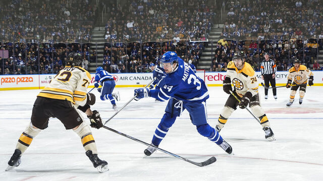 TORONTO, ON - DECEMBER 2: Auston Matthews #34 of the Toronto Maple Leafs shoots against Charlie McAvoy #73 of the Boston Bruins during the third period at the Scotiabank Arena on December 2, 2023 in Toronto, Ontario, Canada.