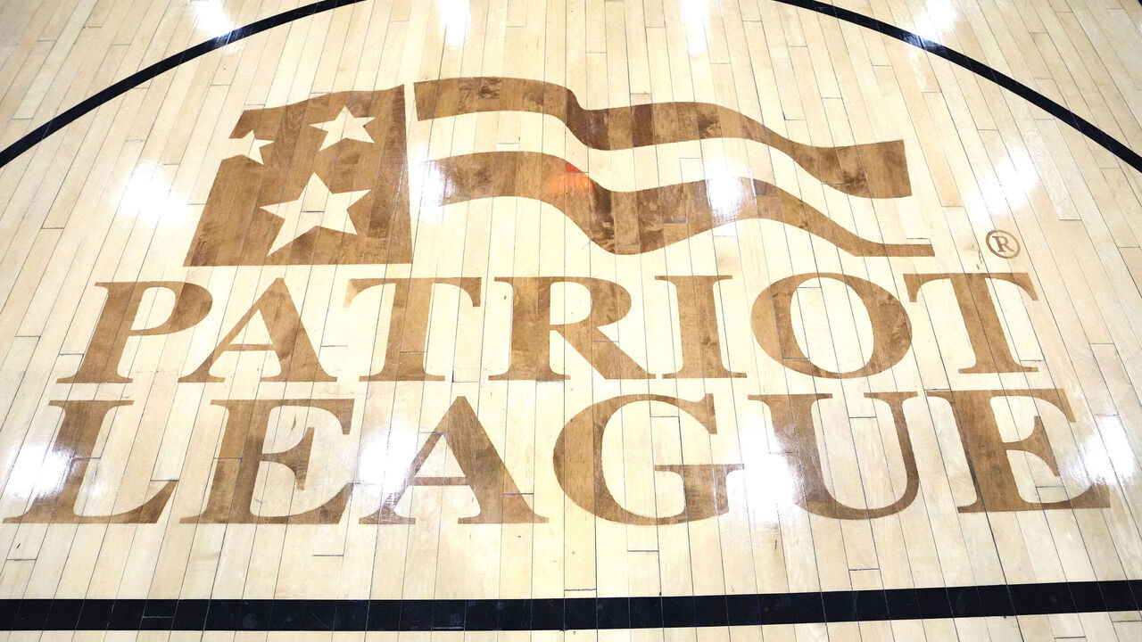 EASTON, PA - DECEMBER 30: The Patriot League logo is displayed on the floor before a college basketball game between Lafayette Leopards and the American University Eagles at the Kirby Sports Center on December 30, 2022 in Easton, Pennsylvania.