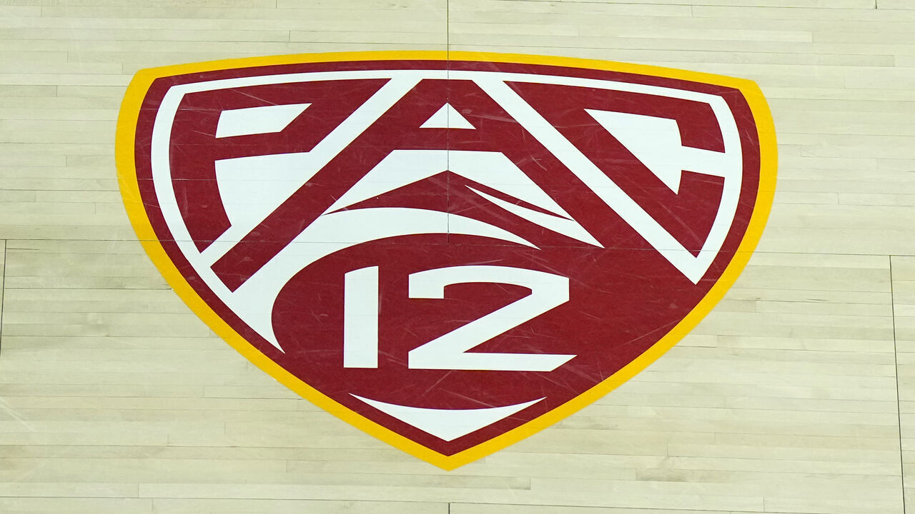 LOS ANGELES, CALIFORNIA - JANUARY 26: The Pac-12 Conference logo on the Galen Center court during an NCAA college women's basketball game between the Southern California Trojans and the Washington State Cougars on January 26, 2024 in Los Angeles, California.