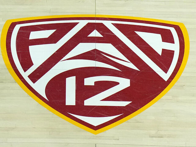 LOS ANGELES, CALIFORNIA - JANUARY 26: The Pac-12 Conference logo on the Galen Center court during an NCAA college women's basketball game between the Southern California Trojans and the Washington State Cougars on January 26, 2024 in Los Angeles, California.