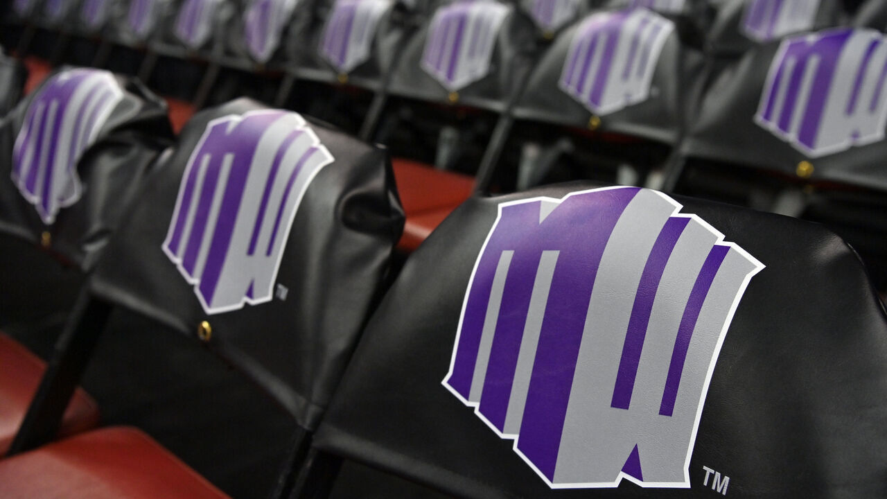 LAS VEGAS, NEVADA - MARCH 10: The Mountain West logo is seen on seat backs before a semifinal game between the San Diego State Aztecs and the San Jose State Spartans in the Mountain West basketball tournament at the Thomas & Mack Center on March 10, 2023 in Las Vegas, Nevada.