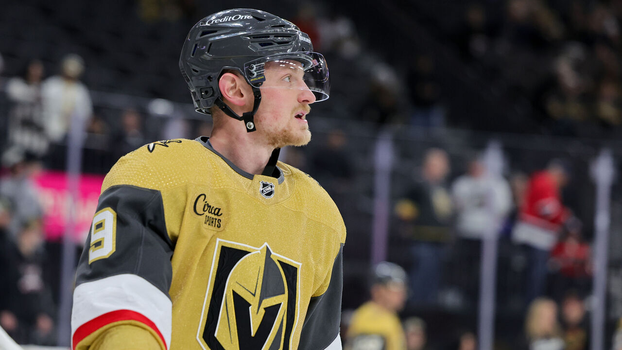 LAS VEGAS, NEVADA - JANUARY 04: Jack Eichel #9 of the Vegas Golden Knights warms up before a game against the Florida Panthers at T-Mobile Arena on January 04, 2024 in Las Vegas, Nevada.