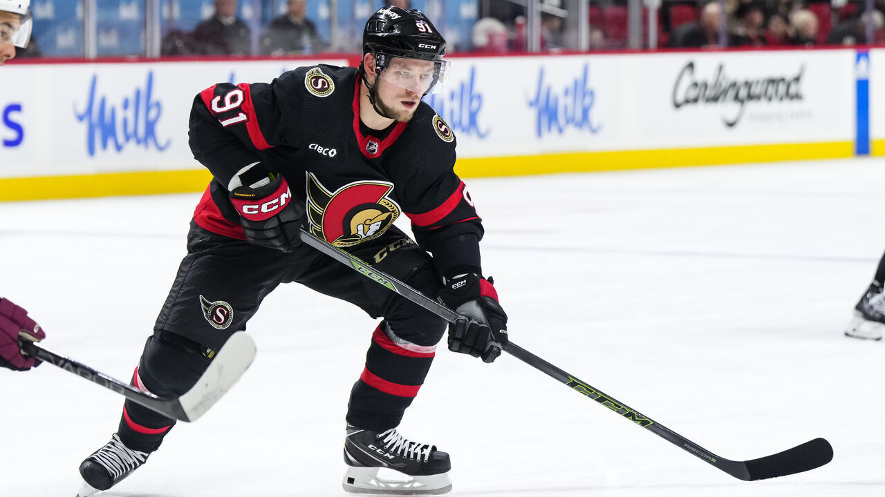 OTTAWA, CANADA - MARCH 1: Vladimir Tarasenko #91 of the Ottawa Senators skates against the Arizona Coyotes at Canadian Tire Centre on March 1, 2024 in Ottawa, Ontario, Canada.