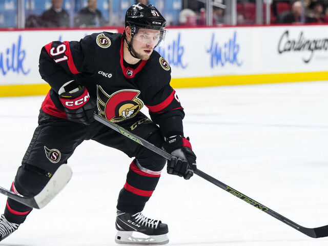 OTTAWA, CANADA - MARCH 1: Vladimir Tarasenko #91 of the Ottawa Senators skates against the Arizona Coyotes at Canadian Tire Centre on March 1, 2024 in Ottawa, Ontario, Canada.