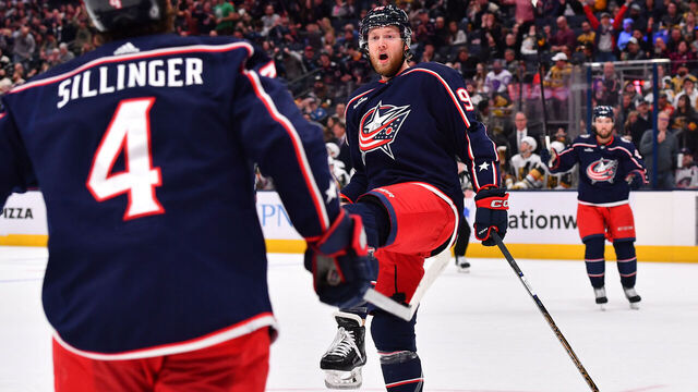 COLUMBUS, OHIO - MARCH 4: Alexander Nylander #92 of the Columbus Blue Jackets reacts after scoring a goal during the first period of a game against the Vegas Golden Knights at Nationwide Arena on March 4, 2024 in Columbus, Ohio.