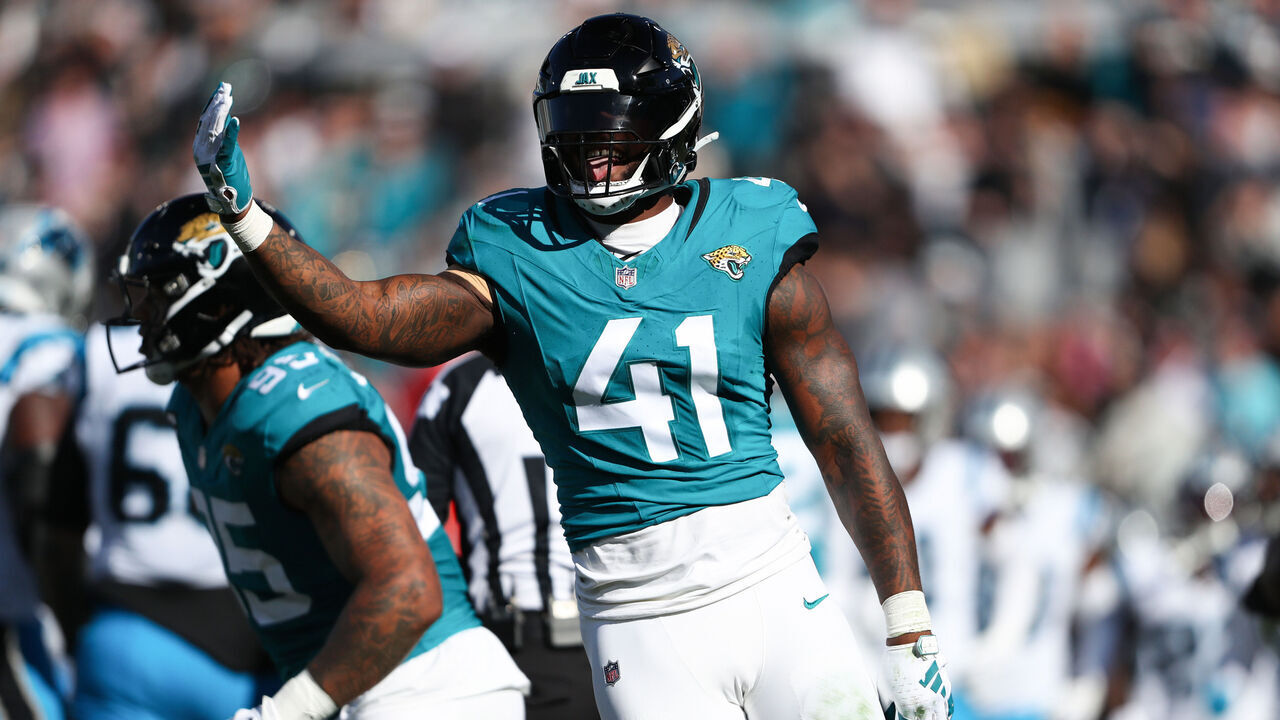 JACKSONVILLE, FLORIDA - DECEMBER 31: Josh Allen #41 of the Jacksonville Jaguars celebrates after a sack during the second quarter against the Carolina Panthers at EverBank Stadium on December 31, 2023 in Jacksonville, Florida.