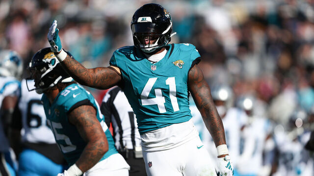 JACKSONVILLE, FLORIDA - DECEMBER 31: Josh Allen #41 of the Jacksonville Jaguars celebrates after a sack during the second quarter against the Carolina Panthers at EverBank Stadium on December 31, 2023 in Jacksonville, Florida.