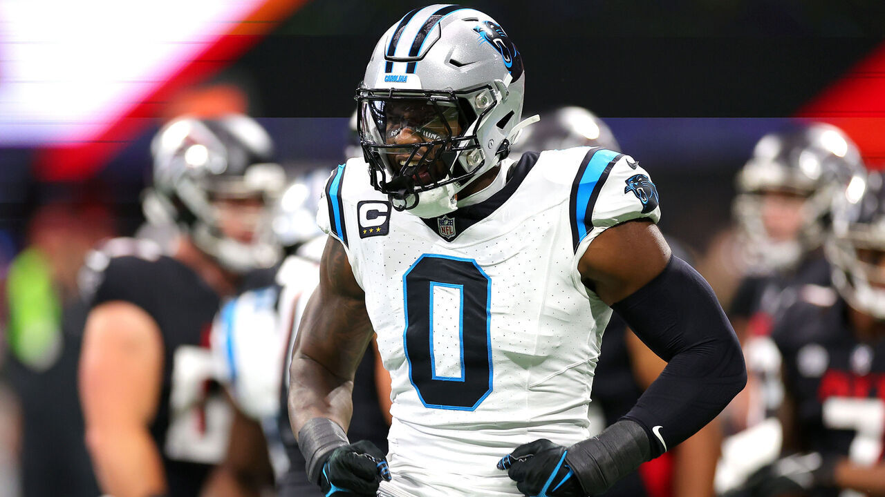 ATLANTA, GEORGIA - SEPTEMBER 10: Brian Burns #0 of the Carolina Panthers reacts after forcing a fumble during the first quarter against the Atlanta Falcons at Mercedes-Benz Stadium on September 10, 2023 in Atlanta, Georgia.