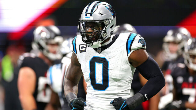 ATLANTA, GEORGIA - SEPTEMBER 10: Brian Burns #0 of the Carolina Panthers reacts after forcing a fumble during the first quarter against the Atlanta Falcons at Mercedes-Benz Stadium on September 10, 2023 in Atlanta, Georgia.