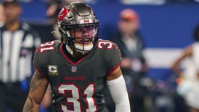INDIANAPOLIS, IN - NOVEMBER 26: Safety Antoine Winfield Jr. #31 of the Tampa Bay Buccaneers looks on at the line during an NFL football game against the Indianapolis Colts at Lucas Oil Stadium on November 26, 2023 in Indianapolis, Indiana. The Colts beat the Buccaneers 27-20.