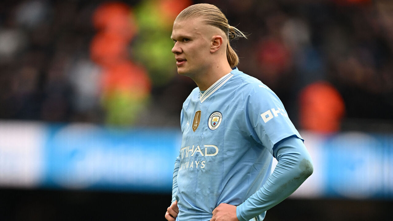 Manchester City's Norwegian striker #09 Erling Haaland looks on during the English Premier League football match between Manchester City and Manchester United at the Etihad Stadium in Manchester, north west England, on March 3, 2024.