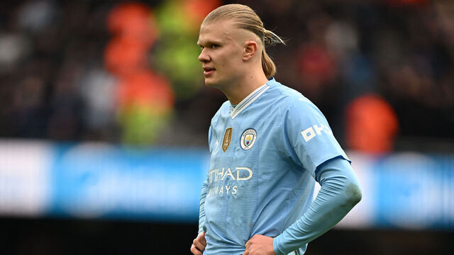 Manchester City's Norwegian striker #09 Erling Haaland looks on during the English Premier League football match between Manchester City and Manchester United at the Etihad Stadium in Manchester, north west England, on March 3, 2024.
