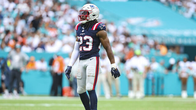 MIAMI GARDENS, FL - OCTOBER 29: Kyle Dugger #23 of the New England Patriots looks on from the field during an NFL football game against the Miami Dolphins at Hard Rock Stadium on October 29, 2023 in Miami Gardens, Florida.