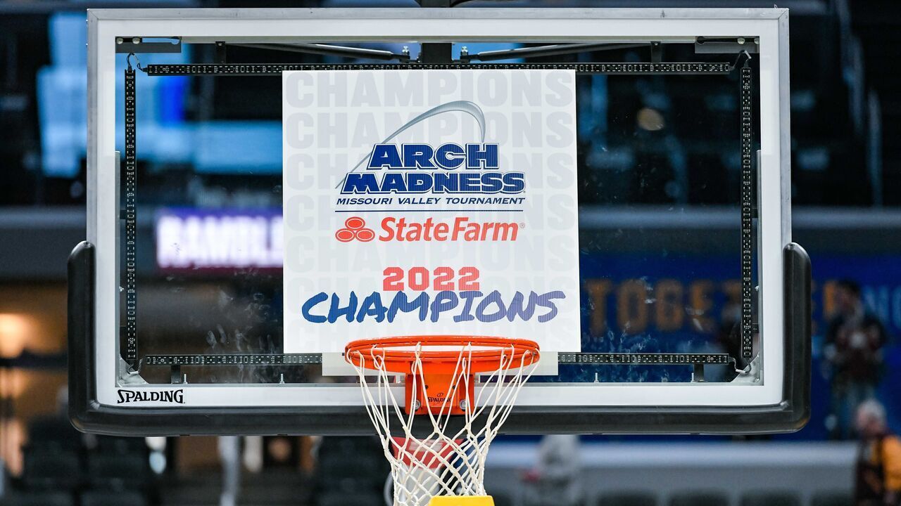 ST. LOUIS, MO - MARCH 06: The ladder sits next to the basket waiting to assist the players in the tradition of cutting down the net in the championship game of the Missouri Valley Conference Tournament between the Loyola Chicago Ramblers and the Drake Bulldogs on March 06, 2022, at the Enterprise Center in St. Louis MO