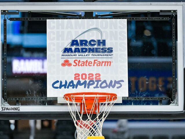 ST. LOUIS, MO - MARCH 06: The ladder sits next to the basket waiting to assist the players in the tradition of cutting down the net in the championship game of the Missouri Valley Conference Tournament between the Loyola Chicago Ramblers and the Drake Bulldogs on March 06, 2022, at the Enterprise Center in St. Louis MO
