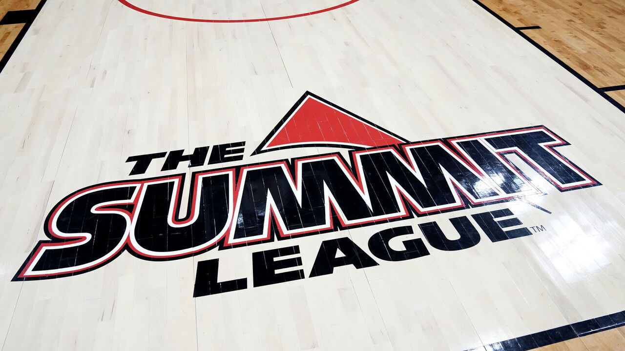 OMAHA, NE - DECEMBER 17: The Summit League logo on the floor before a college basketball game between the Nebraska-Omaha Mavericks and the Stetson Hatters at Baxter Arena on December 17, 2023 in Omaha, Nebraska.