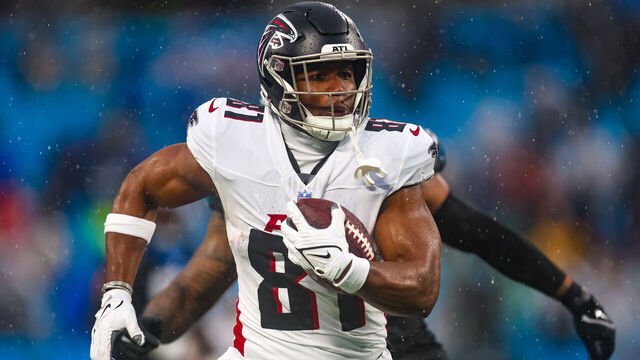 CHARLOTTE, NC - DECEMBER 17: Jonnu Smith #81 of the Atlanta Falcons runs the ball during an NFL game against the Carolina Panthers at Bank of America Stadium in Charlotte, North Carolina on Dec 17, 2023.