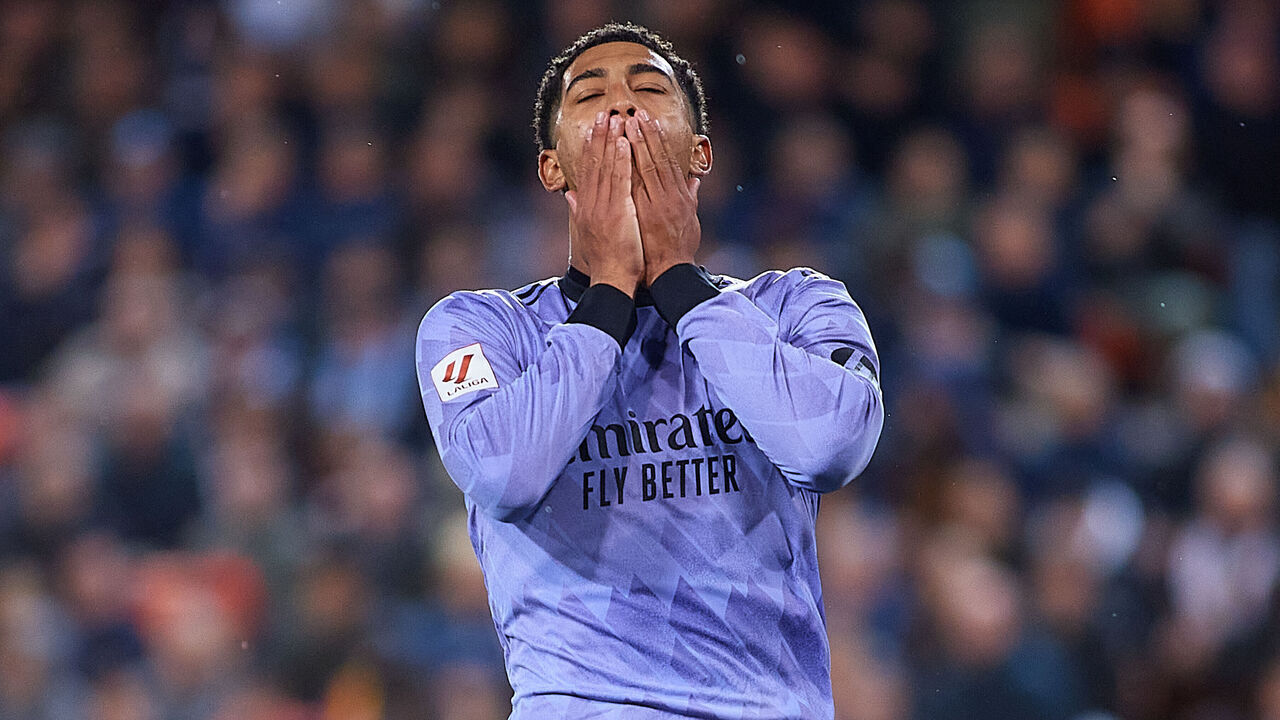 Jude Bellingham of Real Madrid is reacting during the LaLiga EA Sports match between Valencia CF and Real Madrid at Mestalla Stadium in Valencia, Spain, on March 2, 2024.
