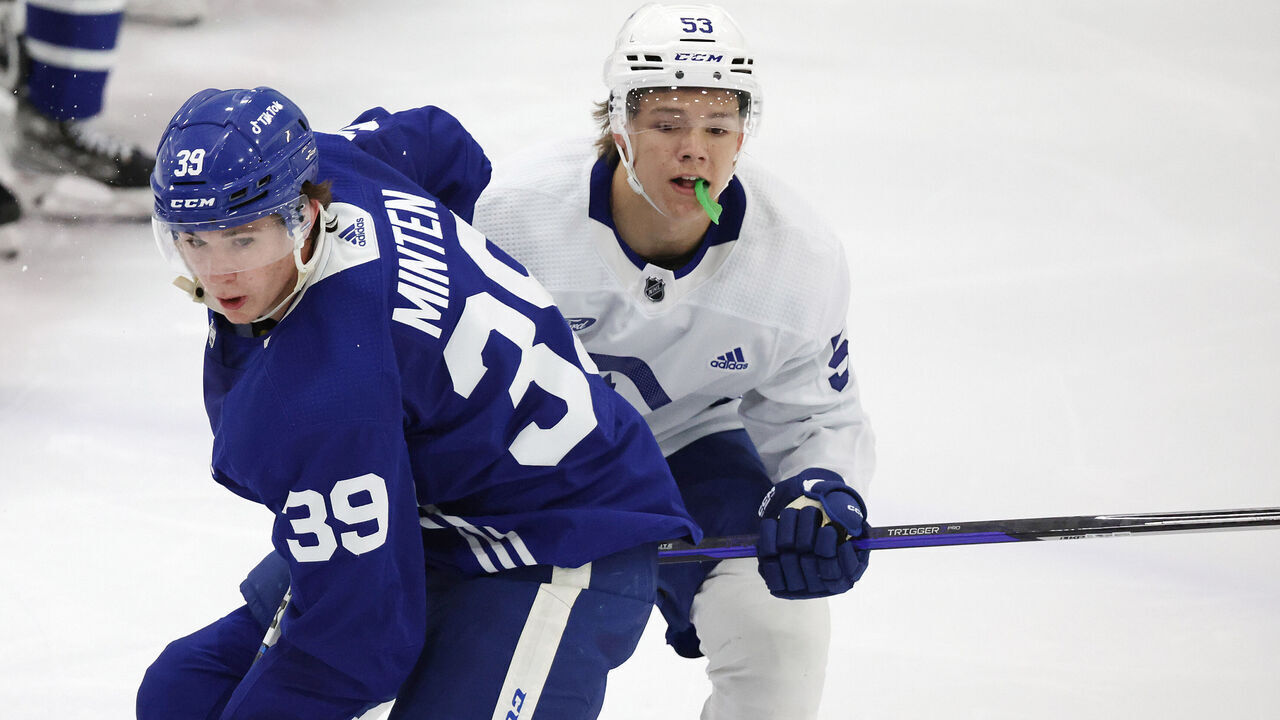TORONTO, ON- JULY 7 - Forward Easton Cowan (53) battles Fraser Minten (39) as the Toronto Maple Leafs prospects do drills at their Development Camp at Ford Performance Centre in Toronto. July 7, 2023. (Steve Russell/Toronto Star via Getty Images)