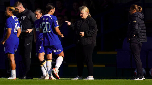 Chelsea manager Emma Hayes and Sam Kerr during the Barclays Women's Super League match at Kingsmeadow, London. Picture date: Sunday October 22, 2023.