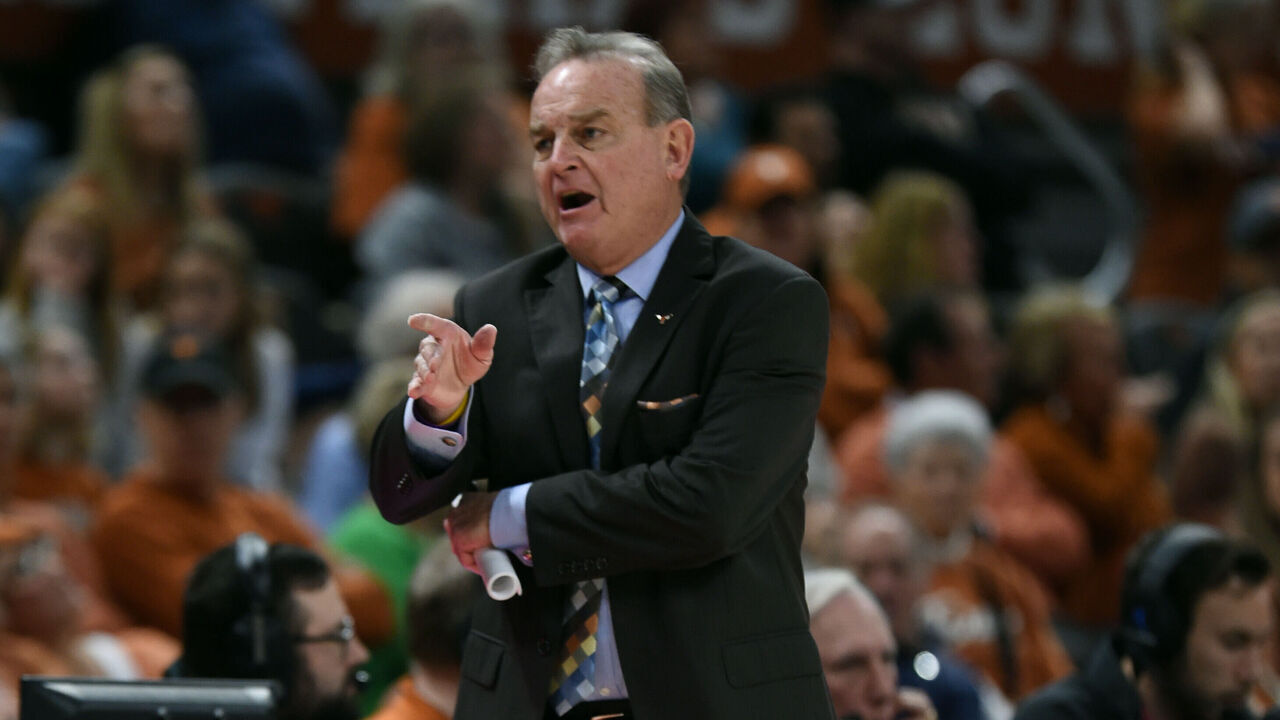 AUSTIN, TX - JANUARY 28: Texas Longhorns head coach Vic Schaefer yells instructions during the game featuring the Oklahoma State Cowgirls and Texas Longhorns on January 28, 2023, at the Moody Center in Austin, TX.