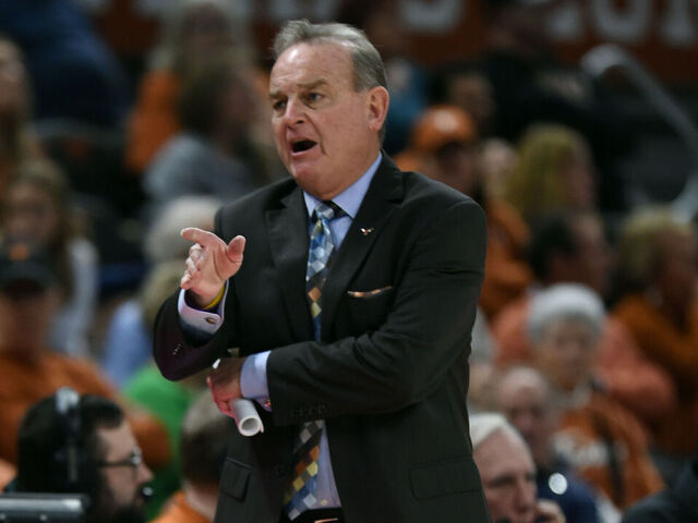 AUSTIN, TX - JANUARY 28: Texas Longhorns head coach Vic Schaefer yells instructions during the game featuring the Oklahoma State Cowgirls and Texas Longhorns on January 28, 2023, at the Moody Center in Austin, TX.