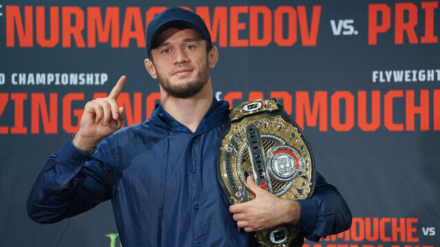 SAN DIEGO, CA - OCTOBER 7: Usman Nurmagomedov speaks with the media at the Bellator 300 post-fight press conference on October 7, 2023, at the Pechanga Arena in San Diego, CA.