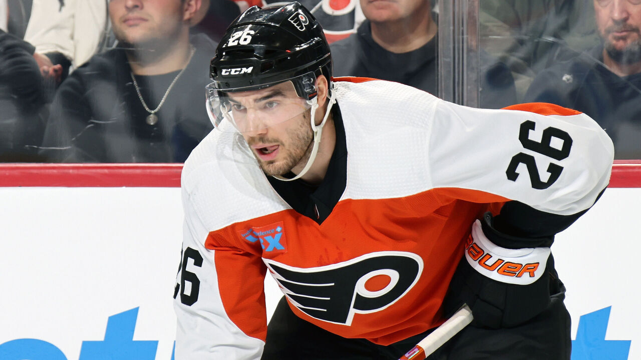 PHILADELPHIA, PENNSYLVANIA - FEBRUARY 08: Sean Walker #26 of the Philadelphia Flyers looks on against the Winnipeg Jets at the Wells Fargo Center on February 8, 2024 in Philadelphia, Pennsylvania.